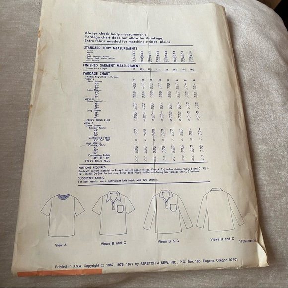 Vintage Stretch & Sew Pattern Mens T Shirt And Tab Front Shirt - Picture 2 of 3